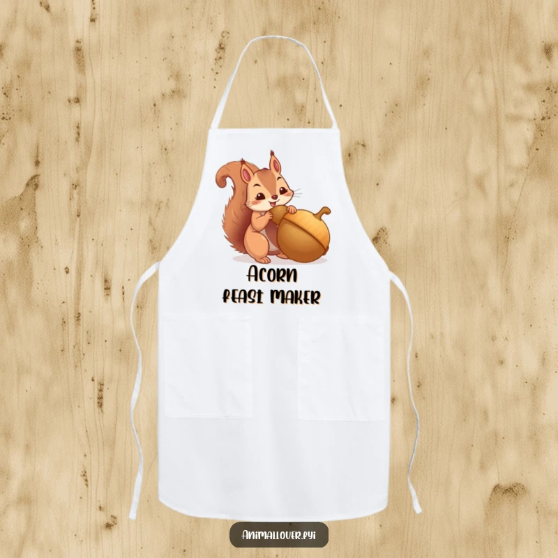 Funny apron with a determined squirrel hoarding an acorn, ideal for adding humor to cooking. An amusing kitchen accessory.