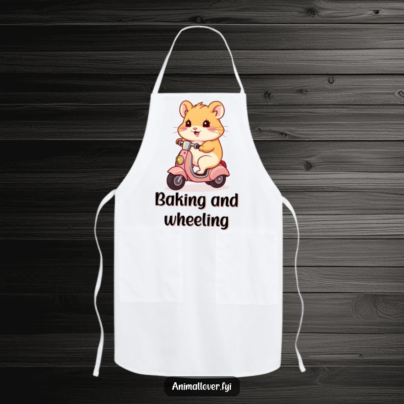Funny hamster character in an apron, holding cooking utensils and riding a scooter, a humorous kitchen gift.