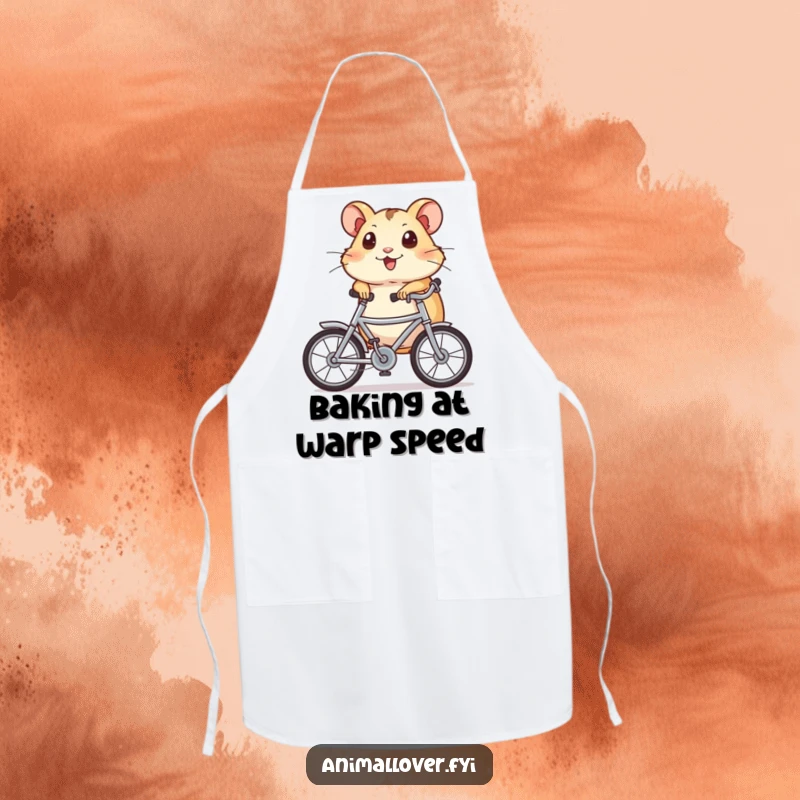 Funny Apron depicting an energetic hamster with wide eyes, cycling a petite bicycle, adding humor to meal prep.