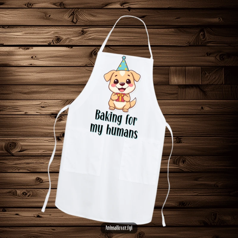 Funny dog apron showing a happy dog wearing a party hat and holding a gift, perfect for a cheerful cooking experience.