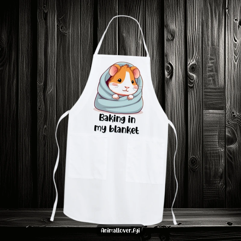 Funny apron featuring a contented guinea pig snuggled in a blanket, perfect for adding humor to cooking and baking.