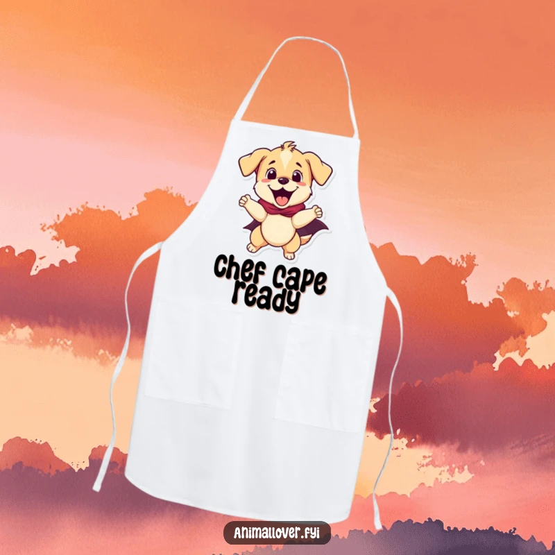 Funny puppy superhero in an apron, ready to save dinner, a funny and practical kitchen gift.
