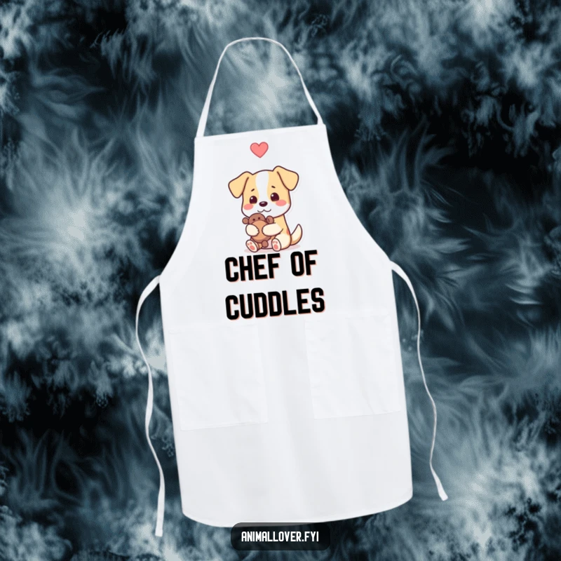 Funny dog apron showing a dog hugging its toy, a heart symbol indicating love, great for kitchen humor and pet enthusiasts.