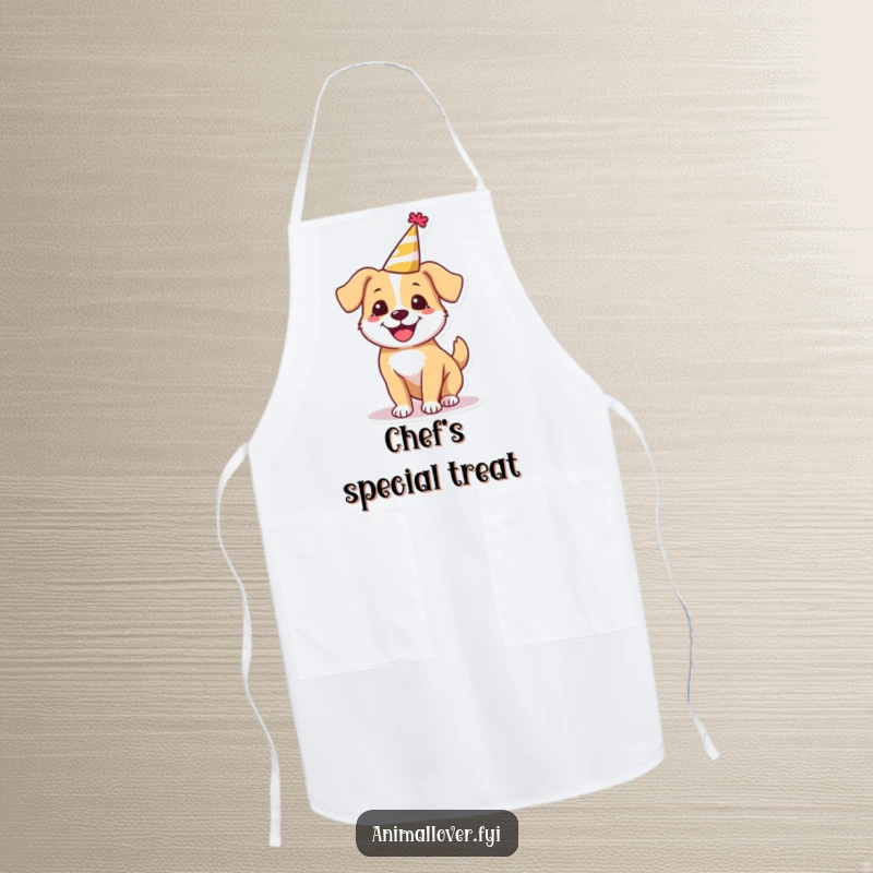 Funny happy dog apron wearing a tiny party hat, spinning around, a humorous and functional accessory for kitchen parties.