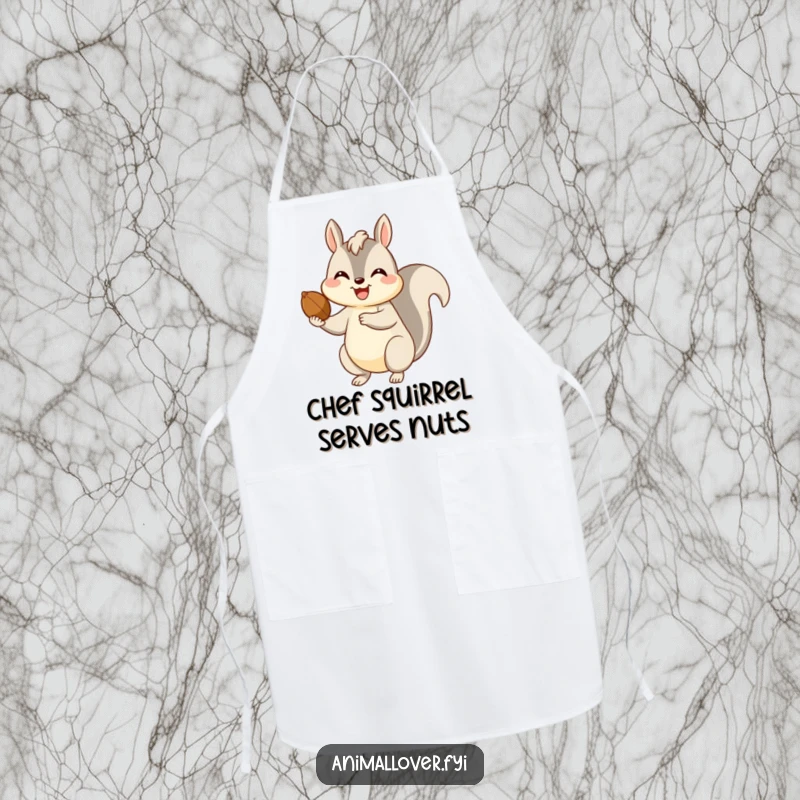 Funny apron featuring a happy squirrel offering a nut with a big smile, perfect for kitchen humor.