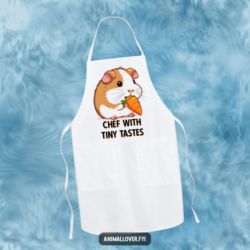 Funny contented guinea pig nibbling a miniature carrot on an apron, perfect for kitchen tasks with a cute and humorous design.