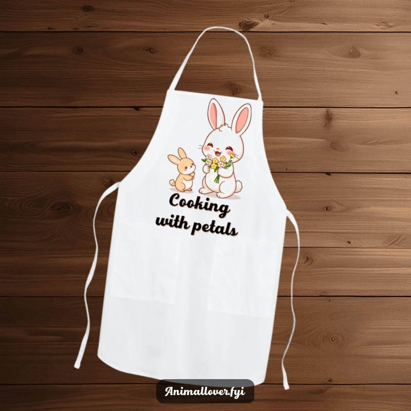Funny Rabbit Apron: A durable kitchen apron with a cheerful rabbit offering a bouquet of tiny flowers, perfect for cooking.