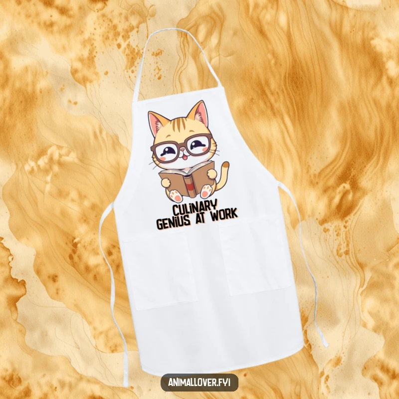 Funny apron with a gleeful cat wearing oversized glasses, reading a book while cooking, a humorous kitchen essential.