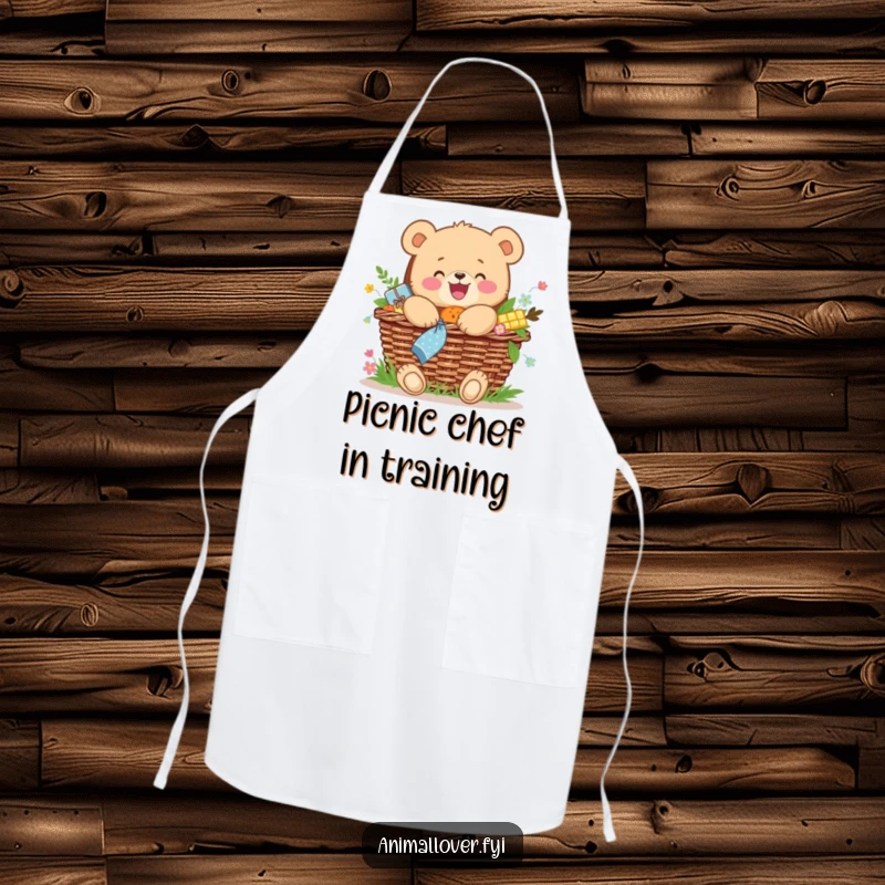 Funny apron with a joyful bear cub hugging an overflowing picnic basket, ideal for cooking.