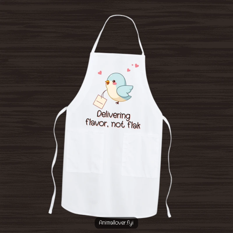 Funny bird apron showing a bird dropping a small note, perfect for adding a touch of humor and sweetness to the kitchen.