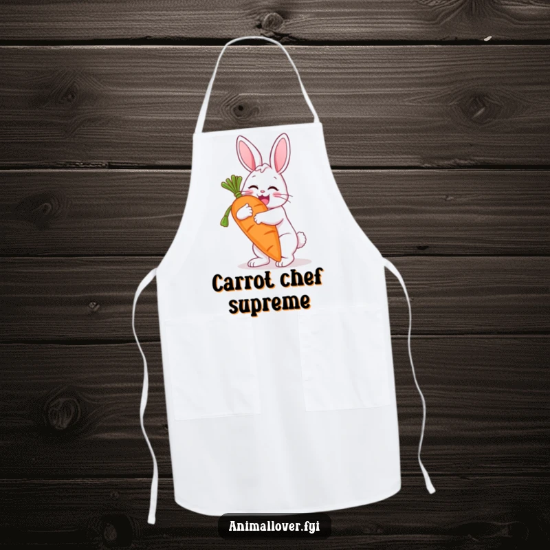 Funny apron depicting a cheerful bunny hugging a giant carrot, bringing fun to cooking and baking. An amusing kitchen gift.