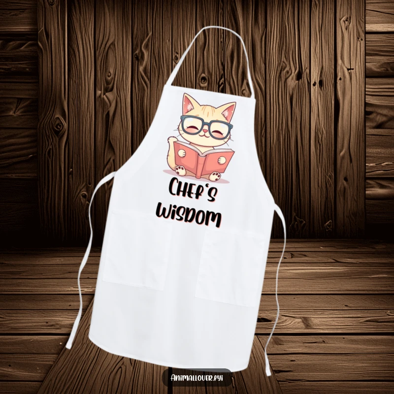 Funny Apron: A cat wearing oversized glasses reads a large book, bringing a scholarly and humorous touch to cooking duties.