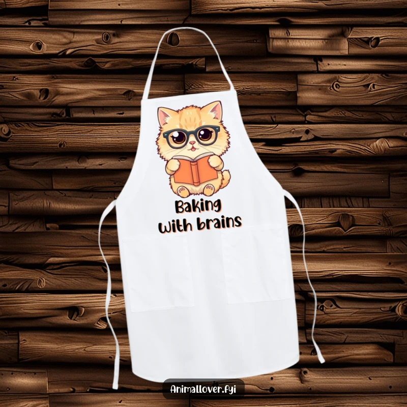 Funny Apron print of a fluffy cat wearing glasses, holding a book upside down, perfect for a humorous cook.