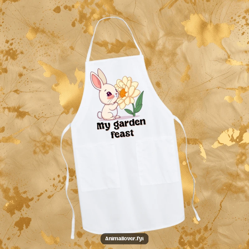 Funny apron featuring a curious rabbit sniffing a giant flower, perfect for gardening and kitchen humor.