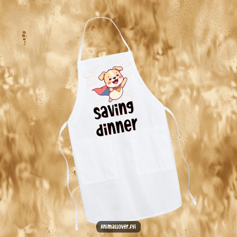 Funny apron depicting a happy dog wearing a cape and flying, ready to conquer the kitchen with style.