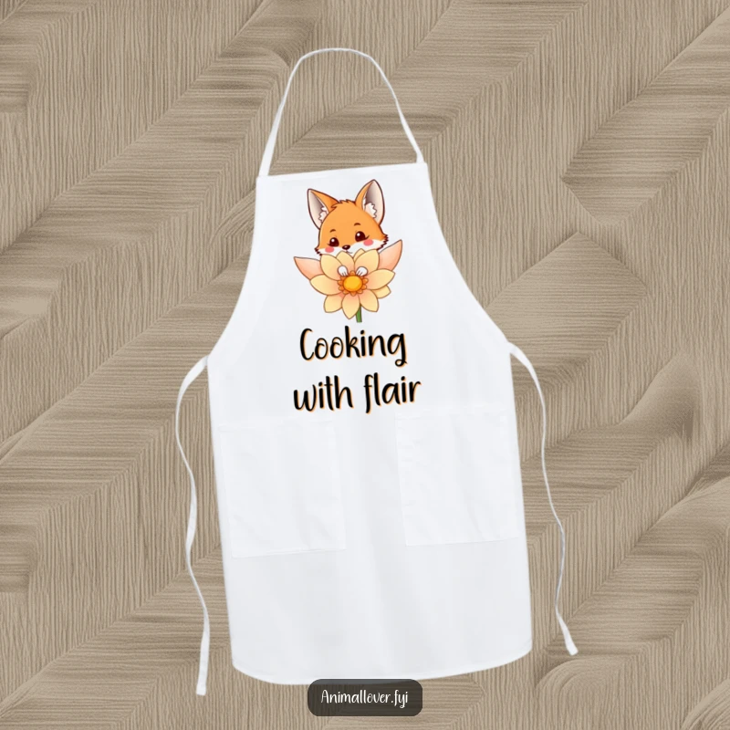 Funny apron featuring a curious fox peeking from behind a flower, perfect for amusing kitchen tasks.
