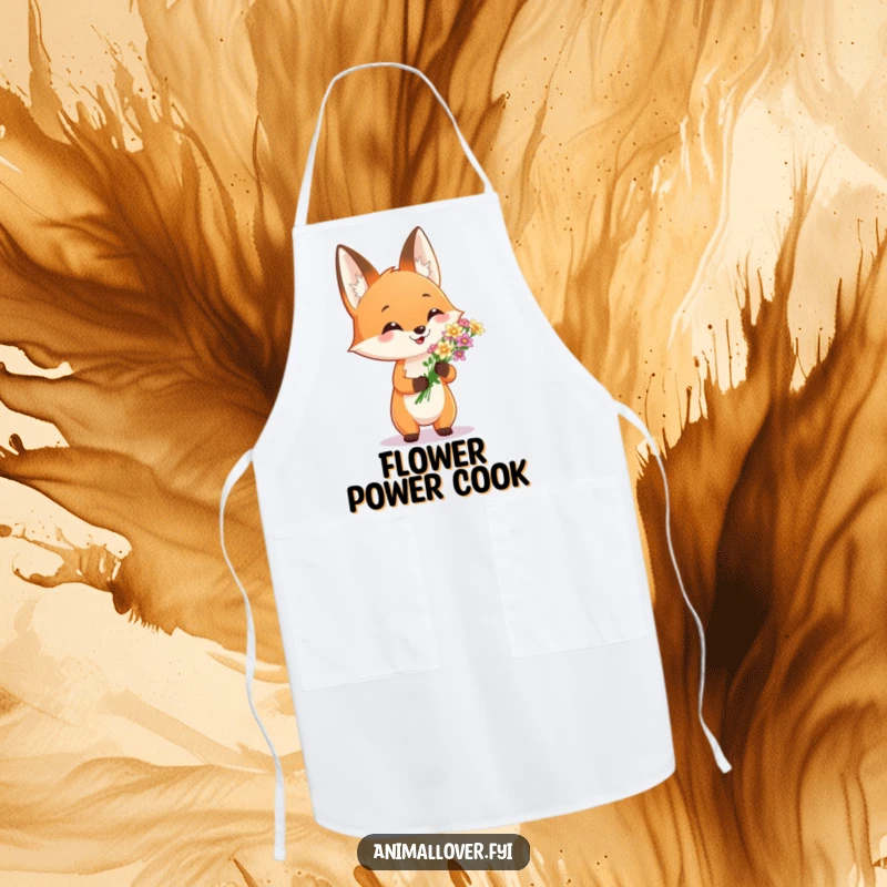 Funny apron with a cheerful fox holding flowers, ideal for adding charm to cooking. An amusing kitchen accessory.