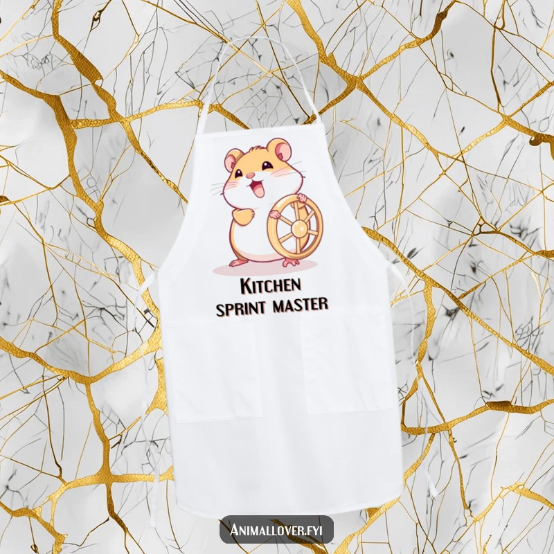 Funny hamster apron featuring a joyful creature pushing its wheel, ideal for chefs who bring energy and humor to the kitchen.
