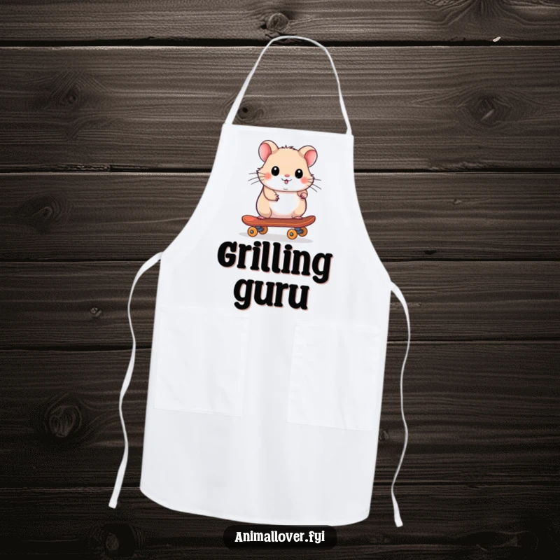 Funny apron depicting a playful hamster riding a tiny skateboard, adding humor to kitchen tasks.