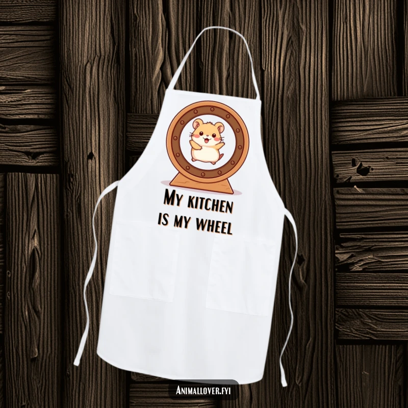 Funny Hamster Apron showing a hamster's gleeful workout in a spinning wheel, adding humor to cooking tasks.