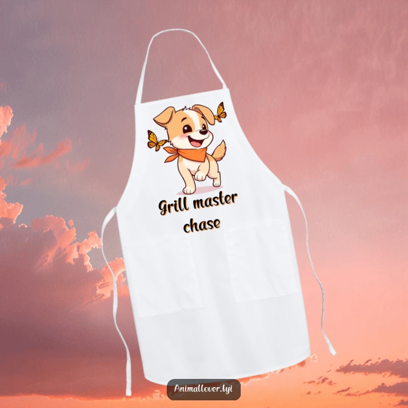 Funny apron with a happy dog in a bandana, wagging its tail while playfully chasing a butterfly.