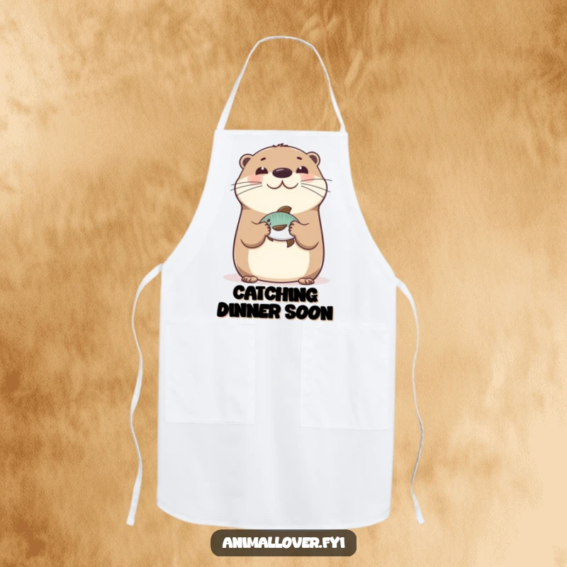 Funny Happy Otter Apron, featuring a cheerful otter balancing a fish on its nose, perfect for adding humor to cooking.