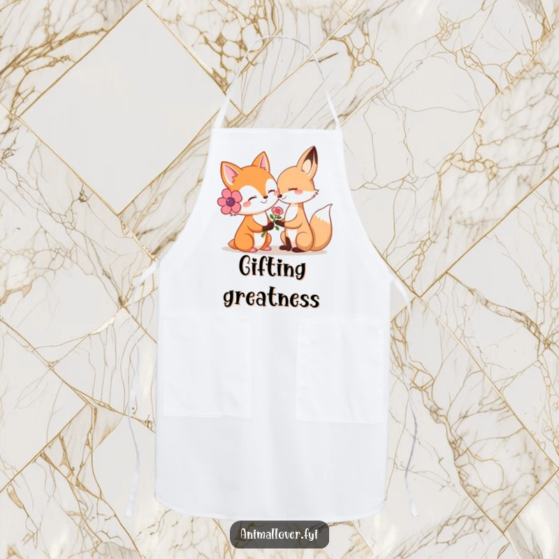 Funny apron depicting a smiling fox offering a flower to another animal, adding humor to kitchen tasks.