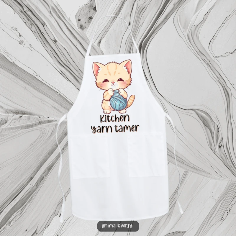 Funny apron featuring a cute kitten batting at a ball of yarn. A whimsical and practical kitchen essential for cat fans.