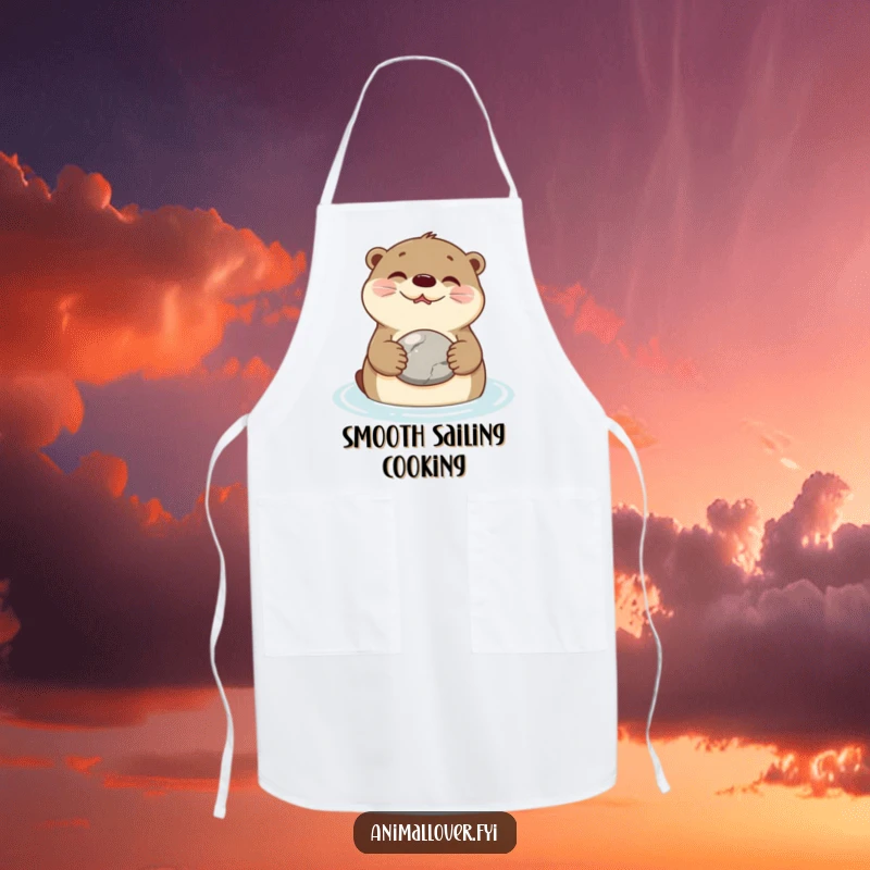 Funny Apron depicting a smiling otter floating on its back, holding a stone, ready to add humor to the kitchen.