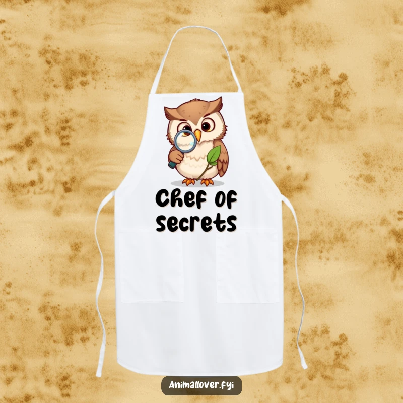 Funny owl apron illustrating a curious owl using a magnifying glass to examine a leaf, great for kitchen studies and nature lovers.