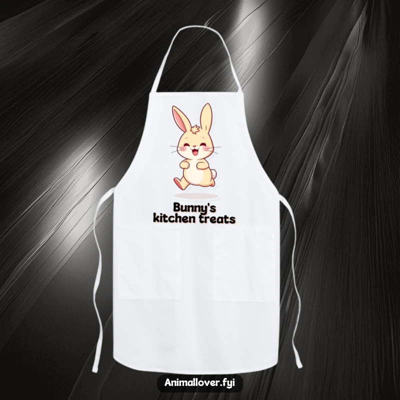 Funny playful rabbit apron hopping excitedly with ears perked high, a humorous and functional accessory for the kitchen.