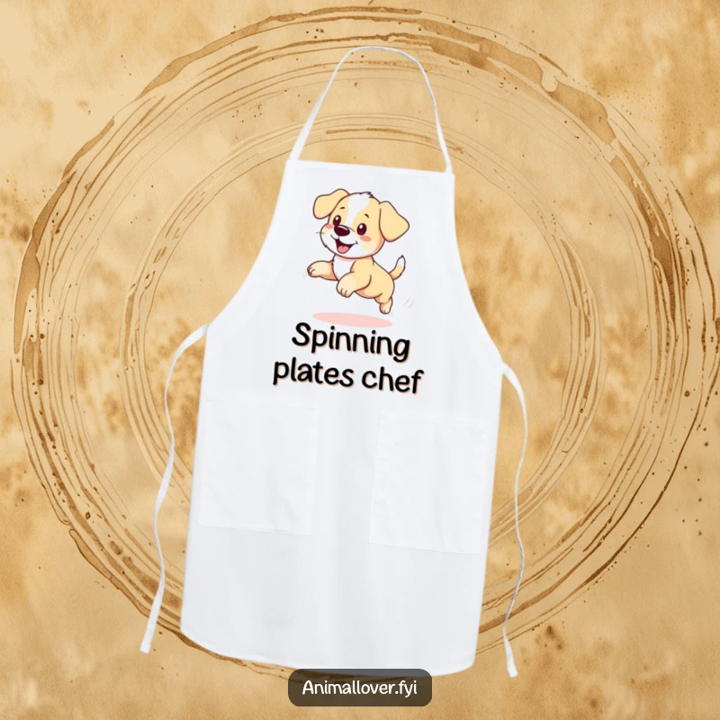 Funny puppy apron with a dog joyfully spinning after its tail, adding a humorous touch to cooking or baking.