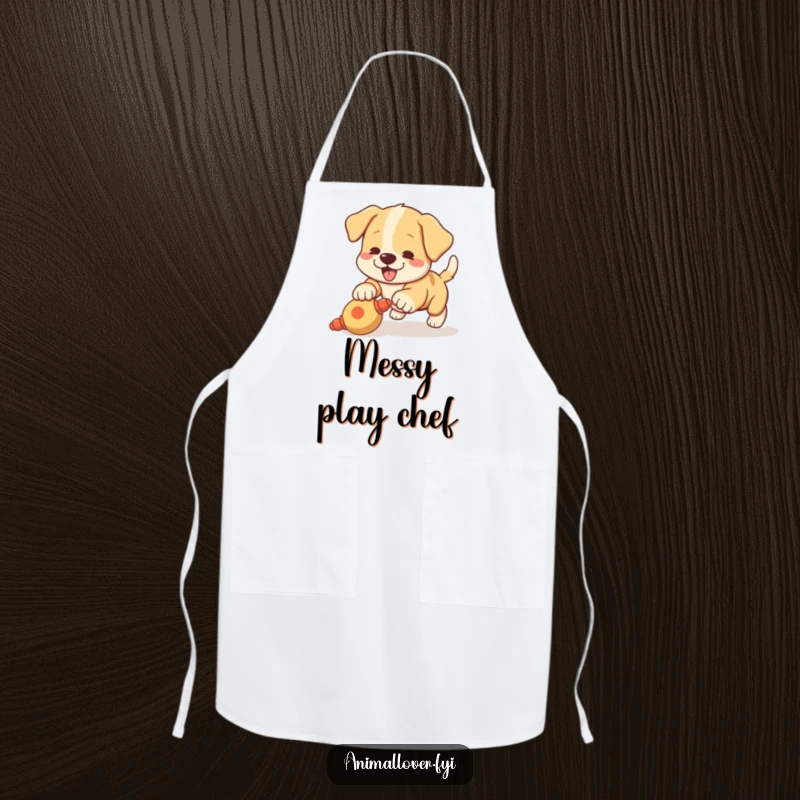 Funny apron with a playful puppy wagging its tail and pouncing on a squeaky toy, ideal for cooking.
