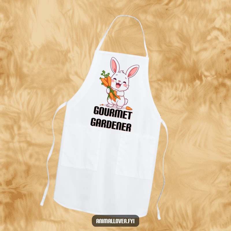 Funny apron with a happy rabbit character proudly displaying a bounty of carrots, as if they were a king's ransom, for kitchen humor.