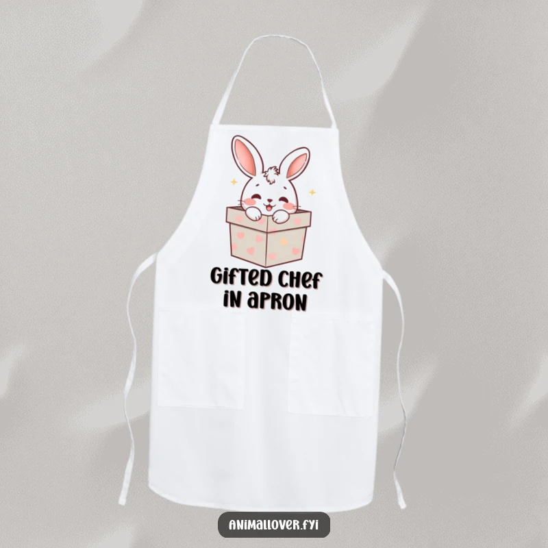 Funny rabbit peeking from a gift box on an apron, a charming and funny addition to any kitchen.