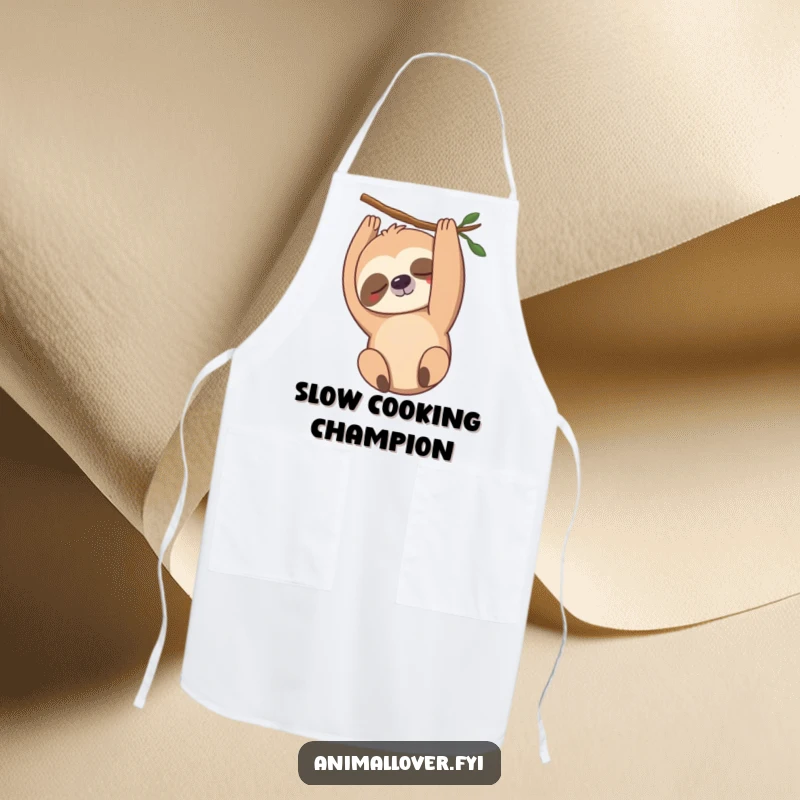 Funny sloth apron featuring a gently smiling sloth hanging upside down, perfect for humorous and relaxed kitchen adventures.