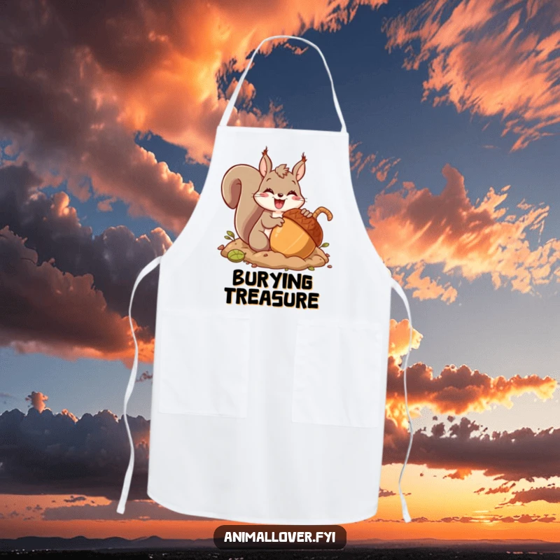 Funny apron with a happy squirrel character burying a giant acorn with great glee, adding humor to kitchen activities.