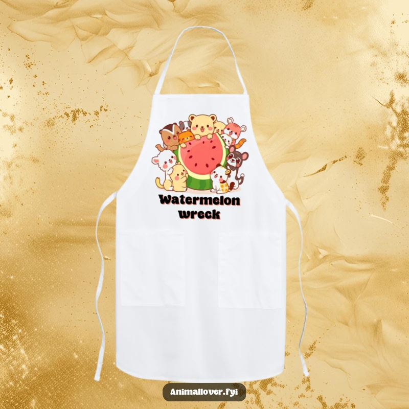 Funny apron depicting a joyful group of animals feasting on a giant watermelon slice, perfect for adding humor to cooking and baking.