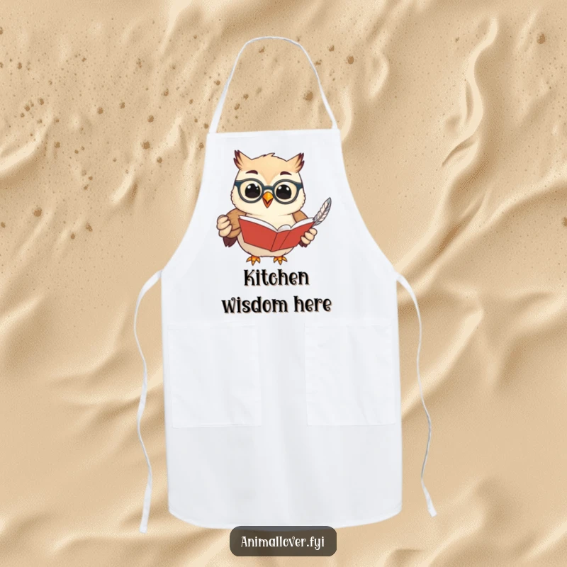 Funny apron showcasing a wise owl with spectacles, book, and feather, ideal for those who love to cook, read, or simply enjoy clever humor.