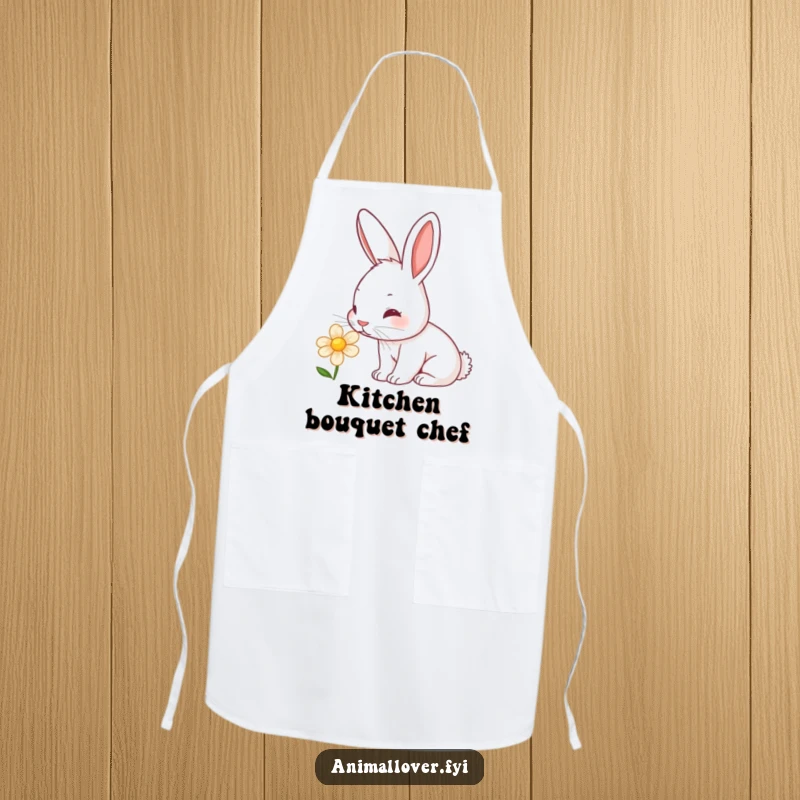 Funny rabbit apron featuring a curious bunny sniffing a flower, perfect for gardeners and cooking enthusiasts who love cute designs.