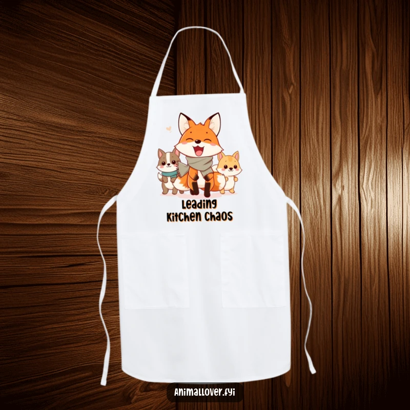 Funny Apron: A festive fox in a scarf leads a whimsical parade of animals, perfect for adding humor to kitchen tasks.