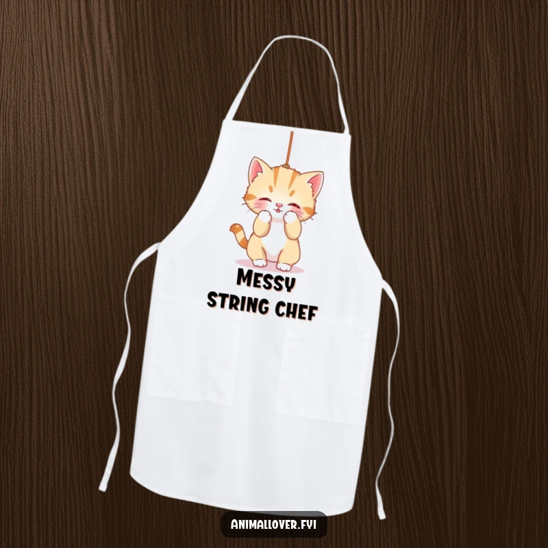 Funny Apron: A playful kitten is enthusiastically batting at a dangling string, bringing cute and funny vibes to the kitchen.