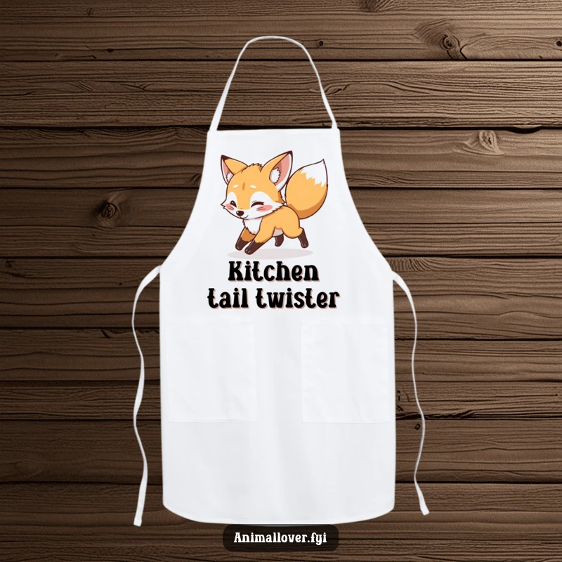 Funny mischievous fox cub chasing its tail on an apron, perfect for kitchen tasks with a playful and humorous design.