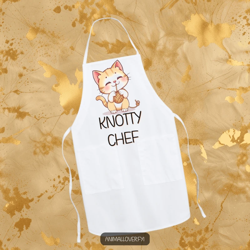 Funny apron depicting a curious cat batting at a dangling ball of yarn, adding humor to kitchen tasks.