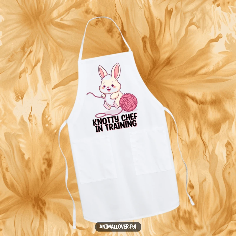 Funny bunny apron with a playful rabbit chasing a ball of yarn, perfect for adding humor to kitchen activities and a touch of whimsy.