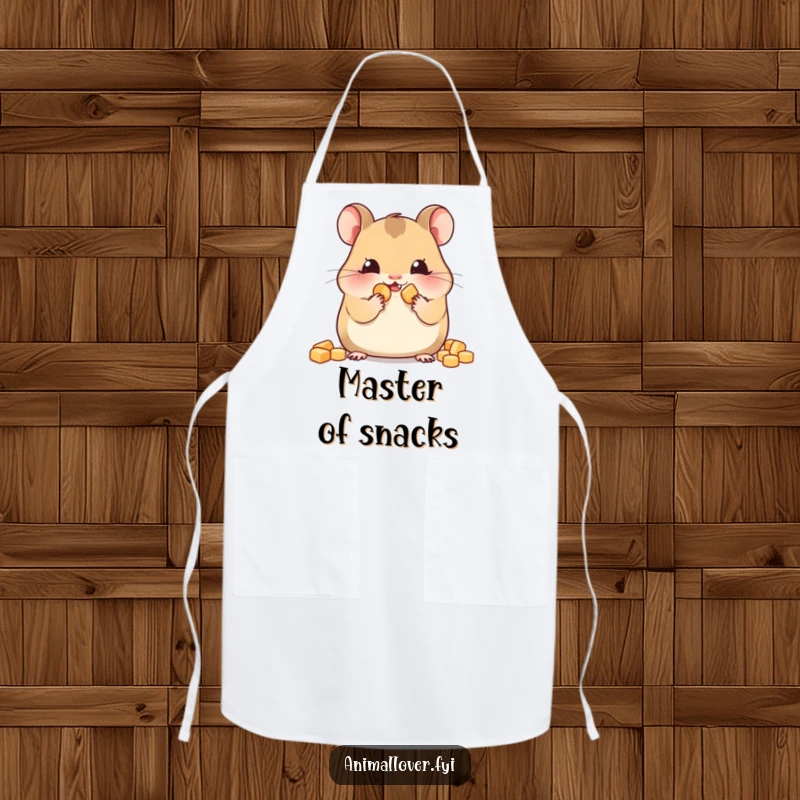Funny hamster apron illustrating a contented hamster with stuffed cheeks, ready for kitchen fun and snack enjoyment.