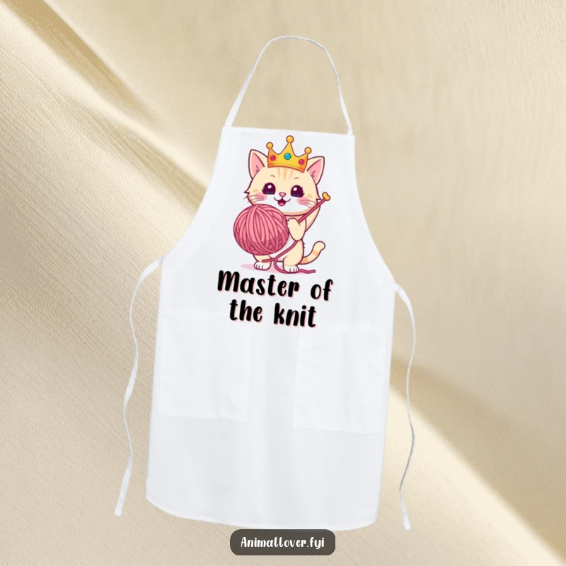 Funny apron with a crowned cat triumphantly holding a giant ball of yarn, ready for culinary adventures.