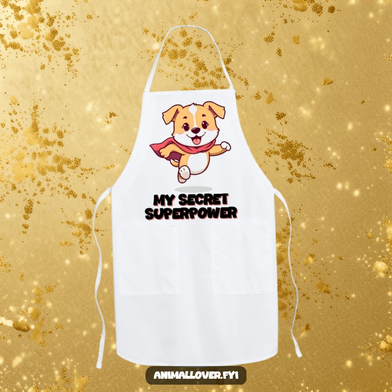 Funny Dog Apron showing a dog in a cape, running with super energy, bringing humor to the kitchen.