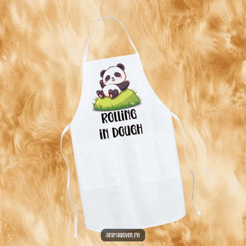 Funny apron with a panda comically rolling down a grassy hill, perfect for adding humor to cooking and baking.