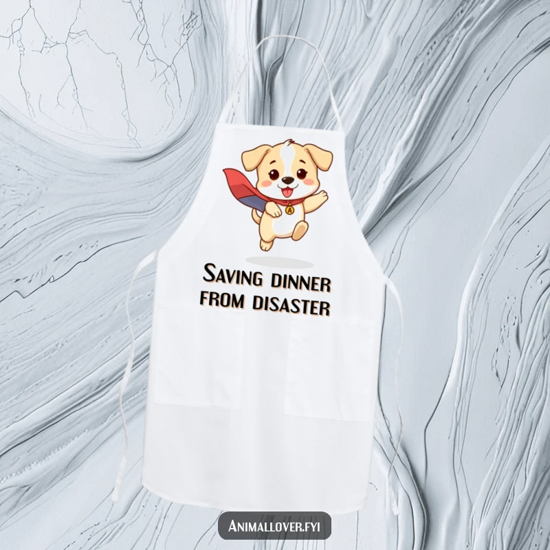Funny apron featuring a brave puppy in a superhero cape, jumping into action, adding humor to cooking.
